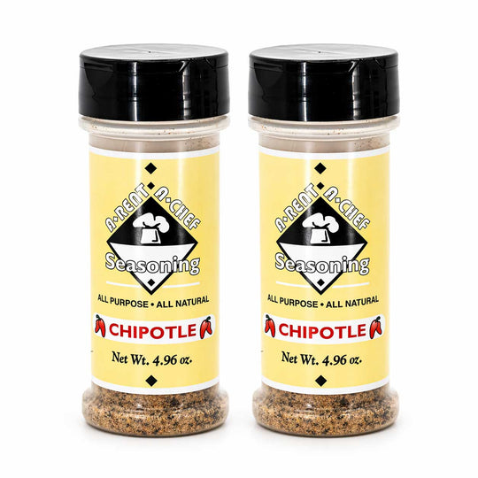 Two bottles of 'A-Rent-A-Chef Chipotle seasoning on a white background