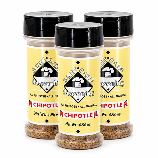 Three bottles of A-Char Seasoning Chipotle on a white background