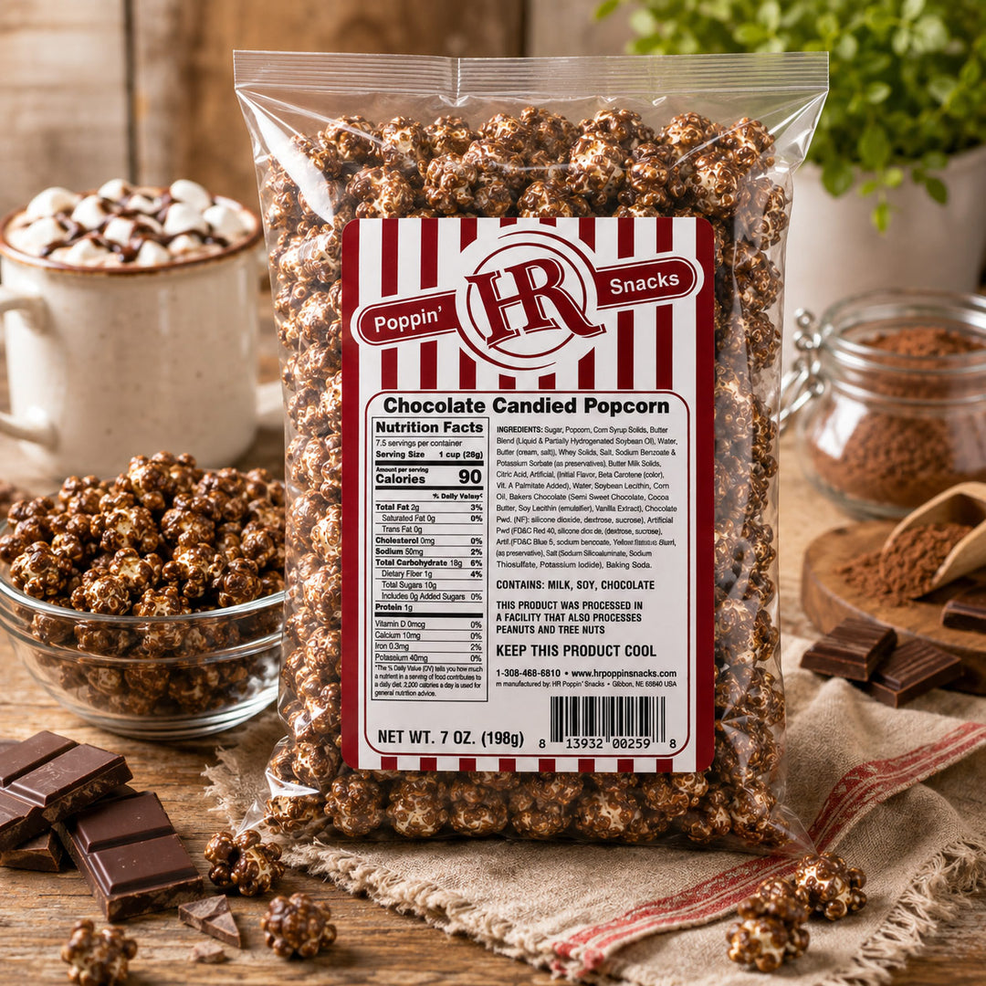 A 7 oz bag of Poppin' HR Snacks Chocolate Candied Popcorn standing on a rustic wooden surface, surrounded by chocolate pieces, bowls of popcorn, and jars in a styled setting.
