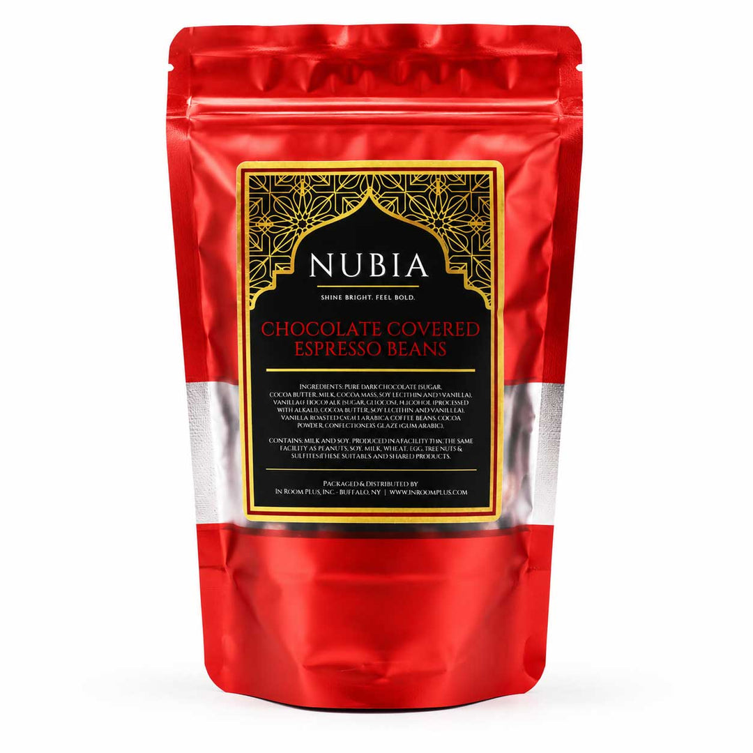 Red package of Nubia chocolate-covered espresso beans on a white background