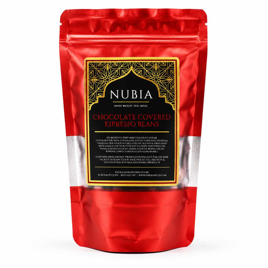 Red package of Nubia chocolate-covered espresso beans on a white background