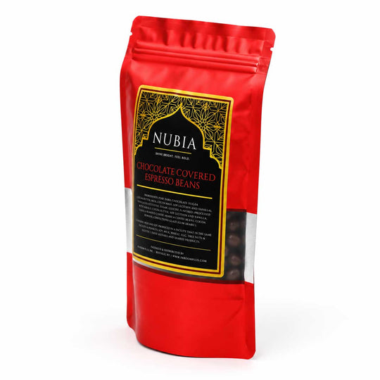 Red package of Nubia chocolate-covered espresso beans on a white background