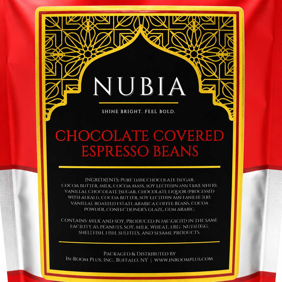Nubia chocolate covered espresso beans packaging with decorative border and text.
