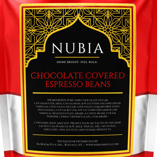 Nubia chocolate covered espresso beans packaging with decorative border and text.