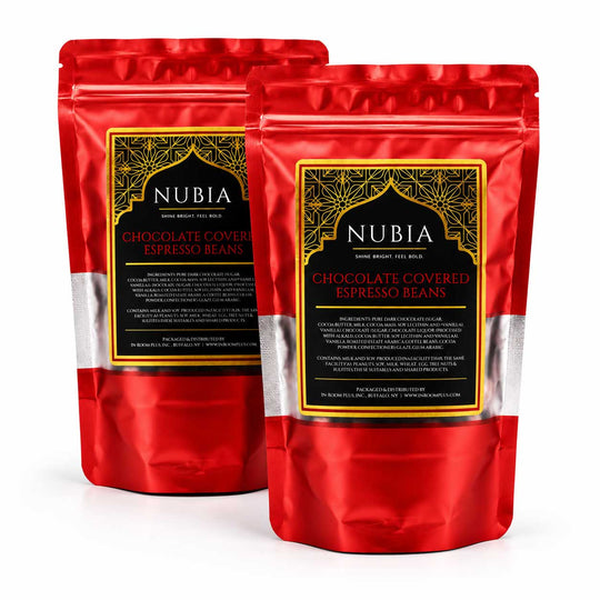 Two red packages of Nubia chocolate-covered espresso beans on a white background