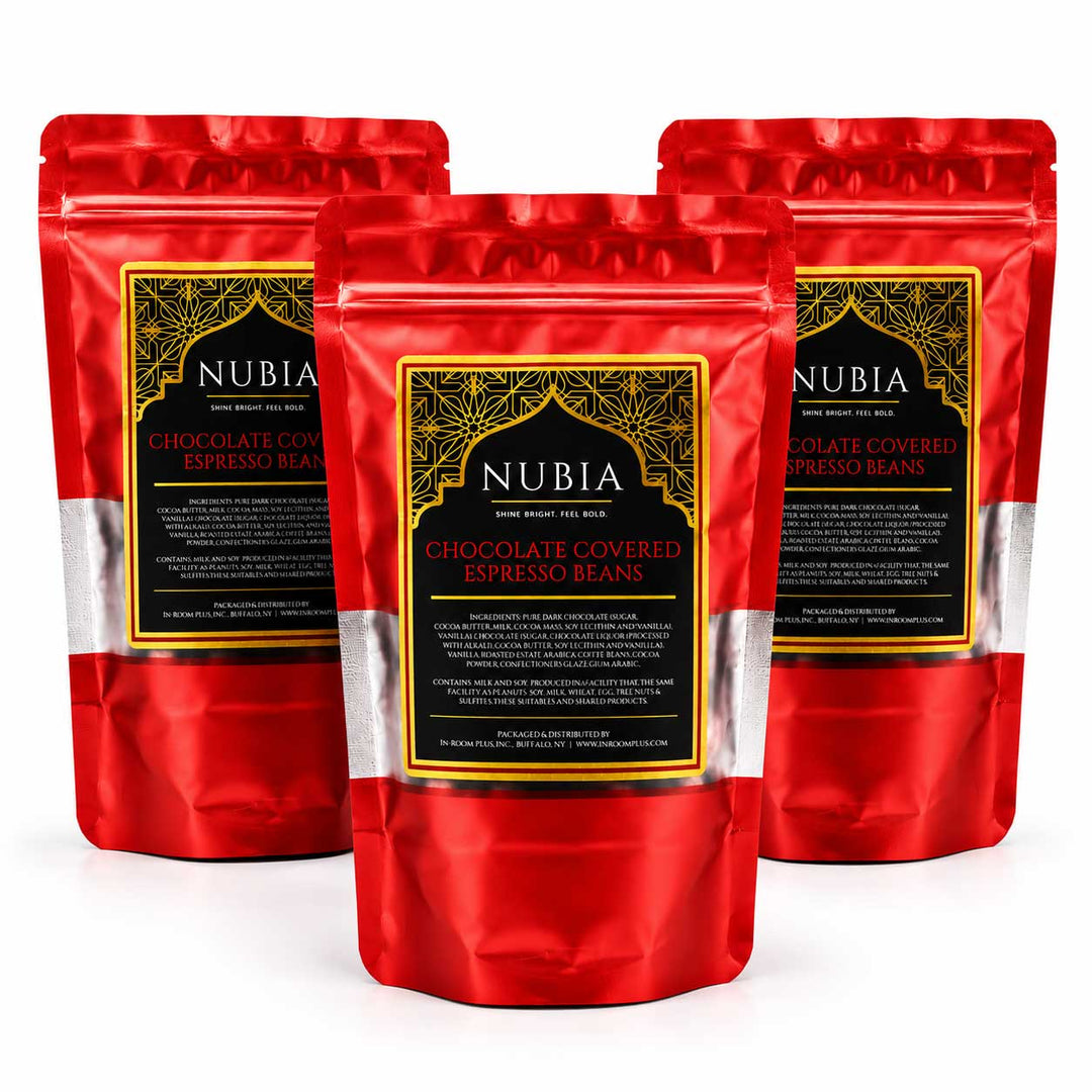 Three red packages of Nubia Chocolate Covered Espresso Beans on a white background