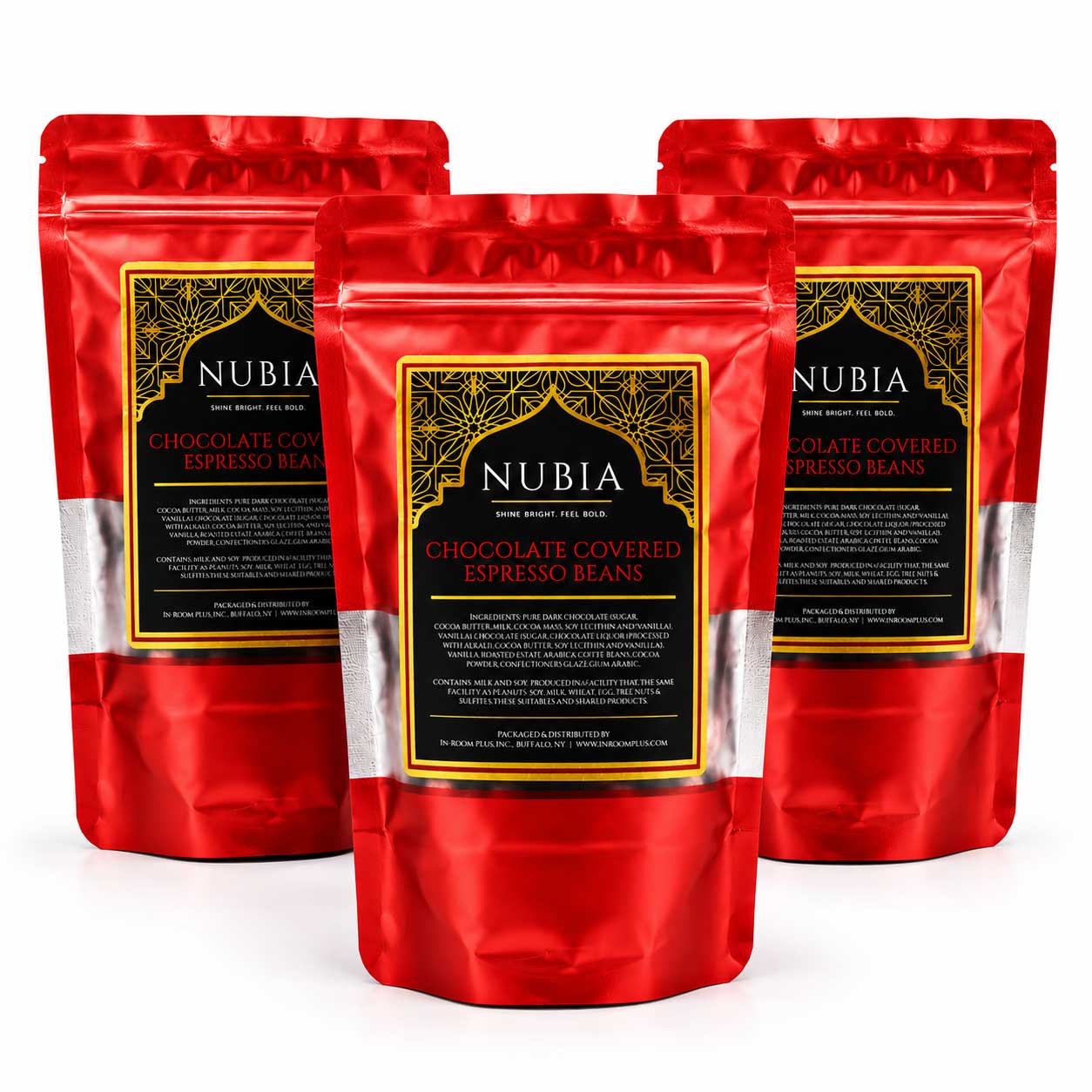 Three red packages of Nubia Chocolate Covered Espresso Beans on a white background