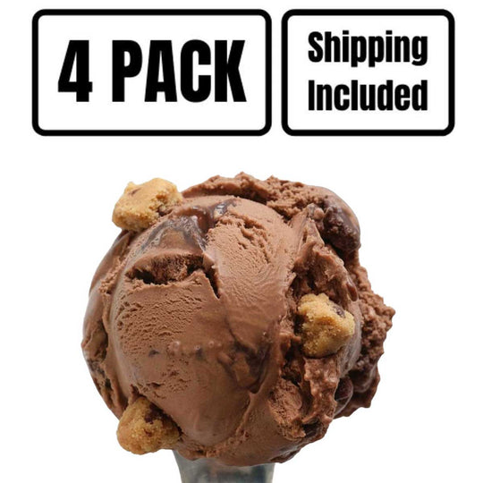 A scoop of chocolate cookie ice cream on a metal spoon against a white background, with two black-and-white text boxes at the top reading '4 PACK' and 'Shipping Included'.