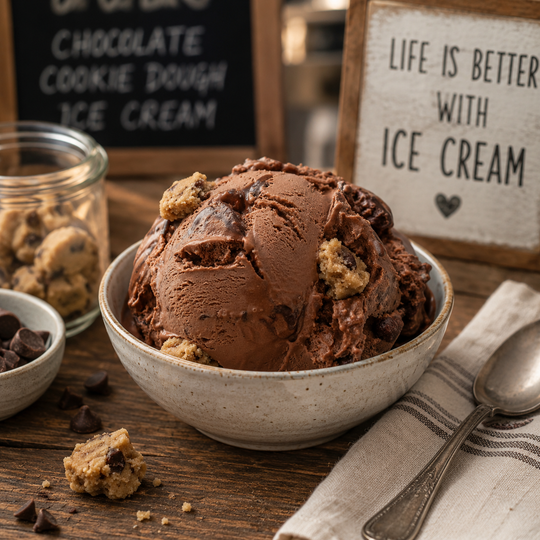 A scoop of chocolate cookie ice cream on a metal spoon against a white background, with two black-and-white text boxes at the top reading '4 PACK' and 'Shipping Included'.
