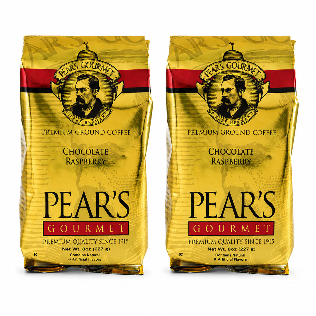 Two packages of Pear's Gourmet Chocolate Raspberry coffee on a white background