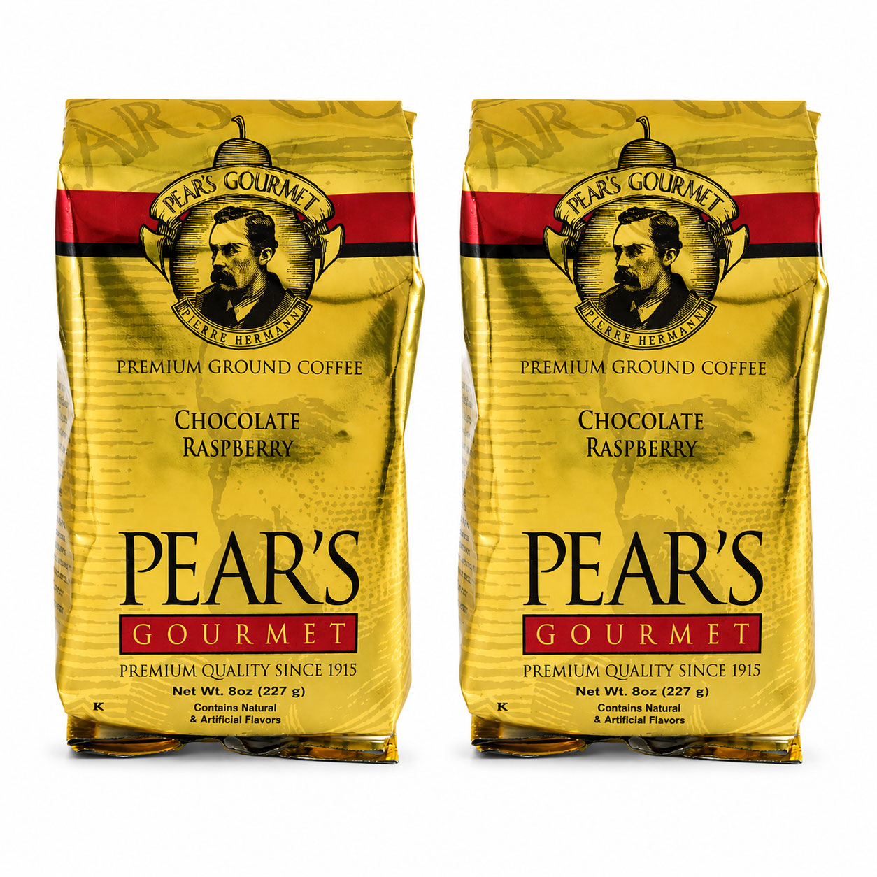 Two packages of Pear's Gourmet Chocolate Raspberry coffee on a white background