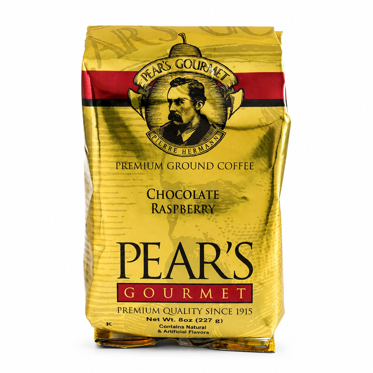 Pear's Gourmet chocolate raspberry coffee bag on a white background