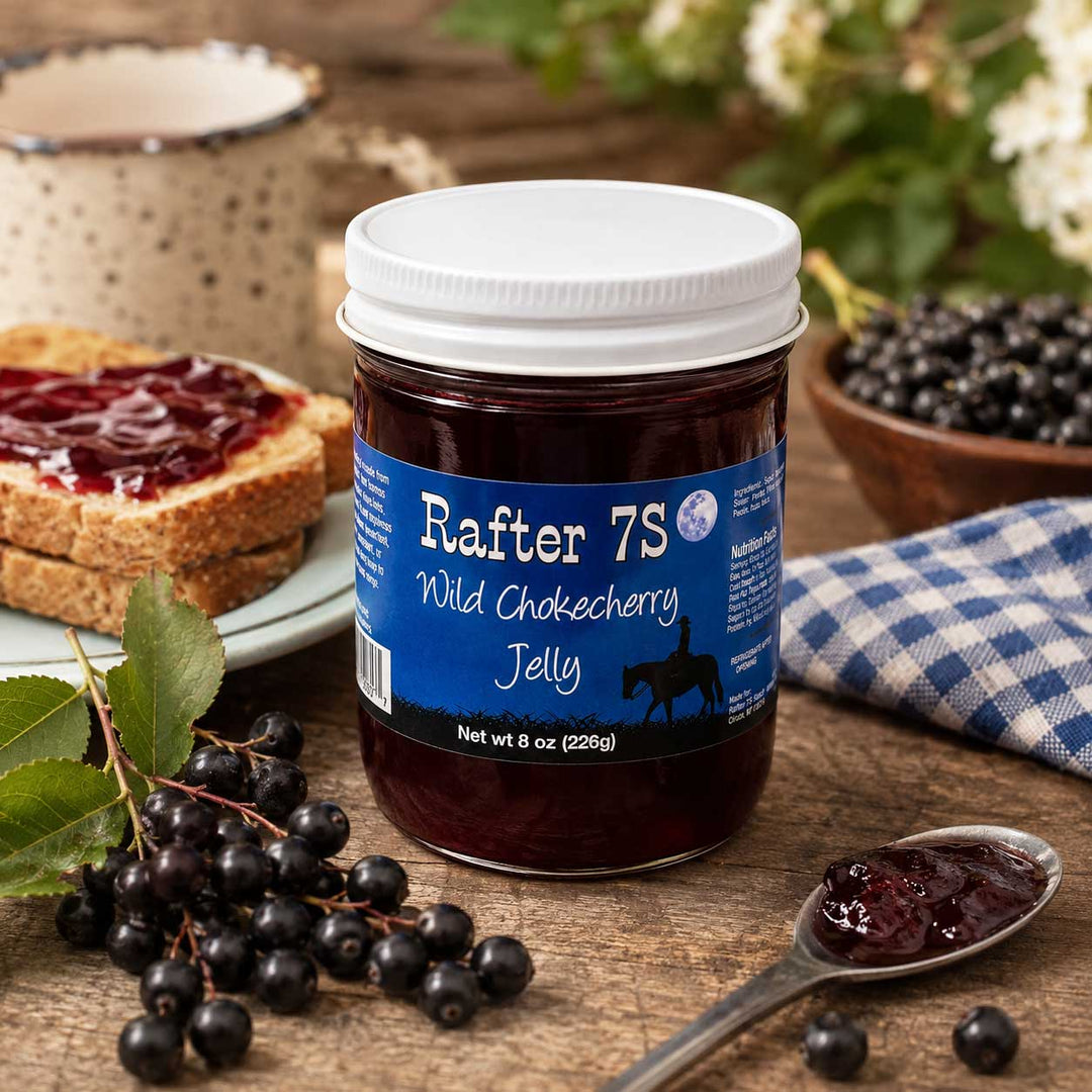 Jar of Rafter 7S Wild Chokecherry Jelly with berries and toast in the background