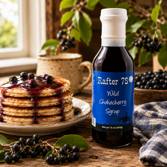 Bottle of Rafter 7S Wild Chokecherry Syrup with pancakes and berries on a wooden table.