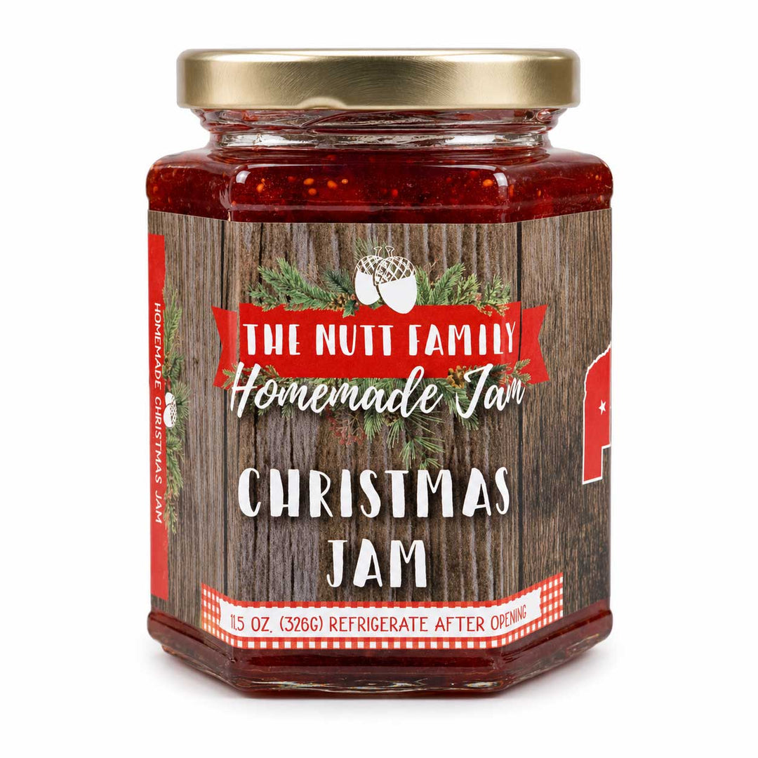Jar of Christmas Jam with a wooden label on a white background