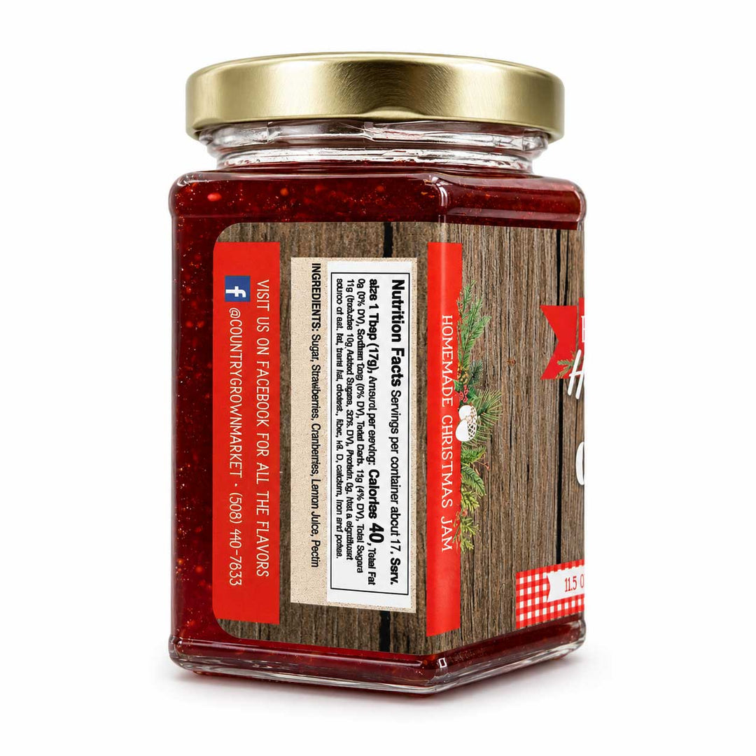 Jar of homemade Christmas jam with a decorative label on a white background