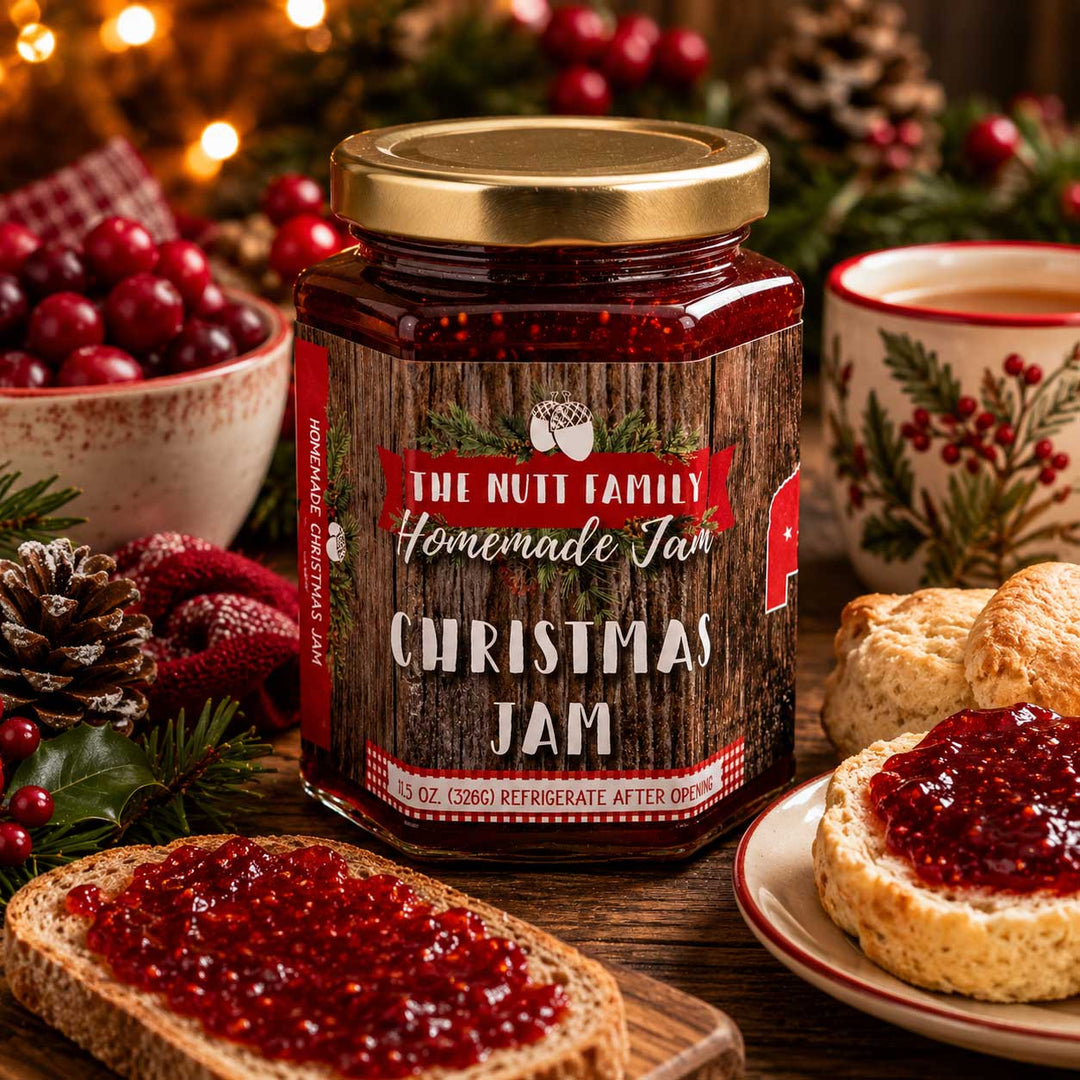 Jar of 'The Nutt Family Homemade Jam Christmas Jam' with holiday-themed background