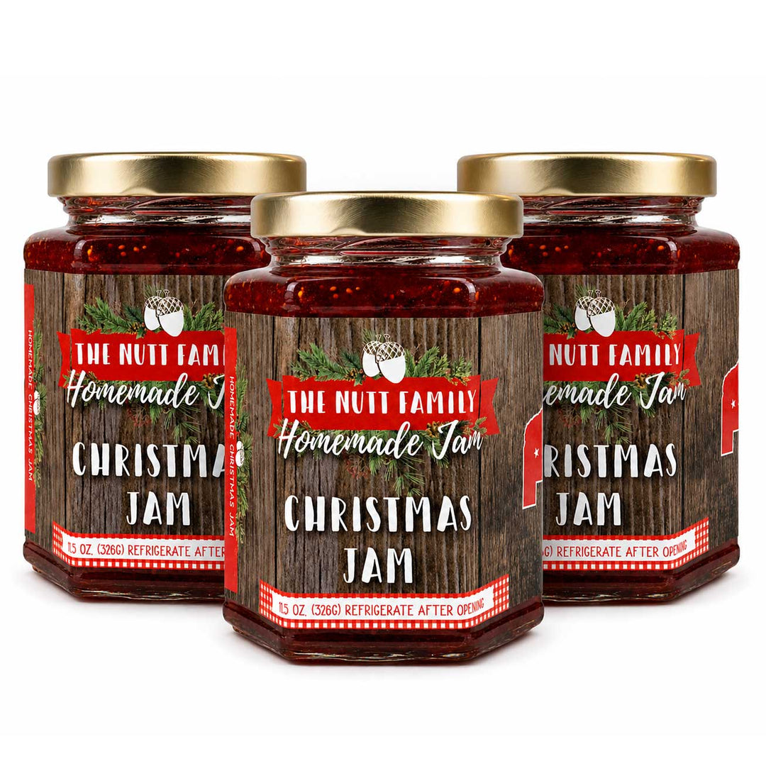 Three jars of 'The Nutt Family Homemade Christmas Jam' with wooden label design on a white background.