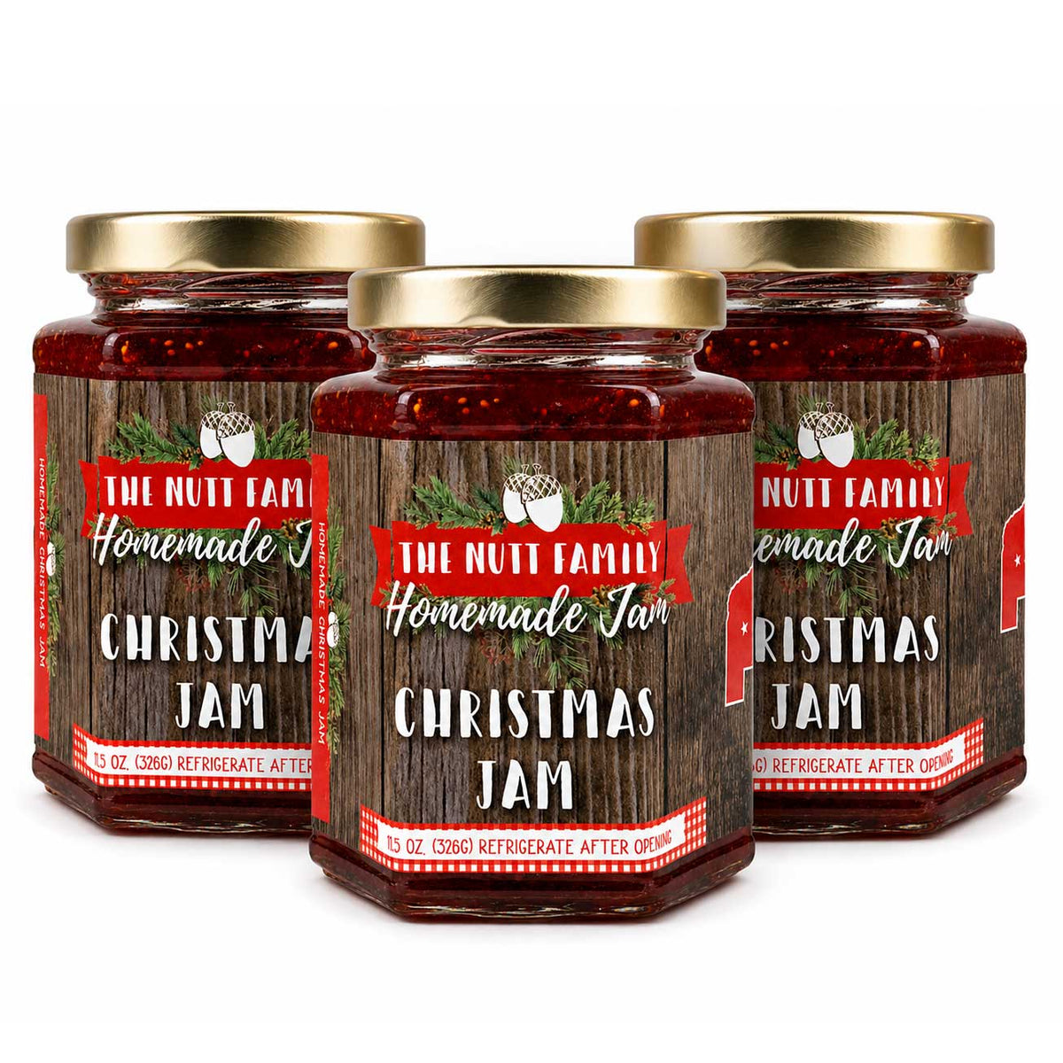 Three jars of 'The Nutt Family Homemade Christmas Jam' with wooden label design on a white background.