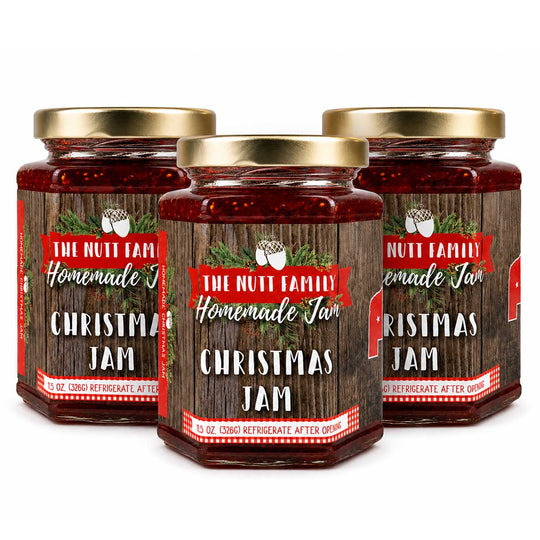 Three jars of 'The Nutt Family Homemade Christmas Jam' with wooden label design on a white background.
