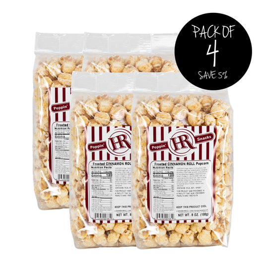 Frosted Cinnamon Roll Popcorn | Pack of 4 | Sweet Cinnamon Coated Popcorn | Small Batches | Made in Gibbon, NE | HR Poppin' Snacks