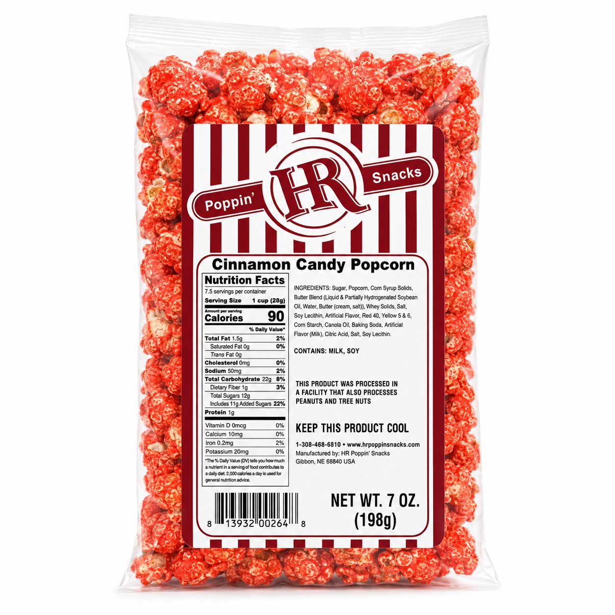 A 7 oz bag of Poppin' HR Cinnamon Candy Popcorn on a plain white background. The packaging is clear plastic showing the bright red, cinnamon-coated popcorn inside, with a prominent white and red label on the front.