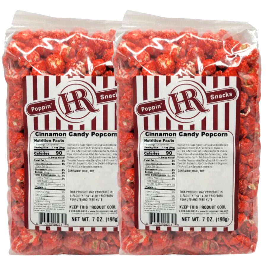 Two packages of HR Poppin' Snacks Cinnamon Candy Popcorn with labels.