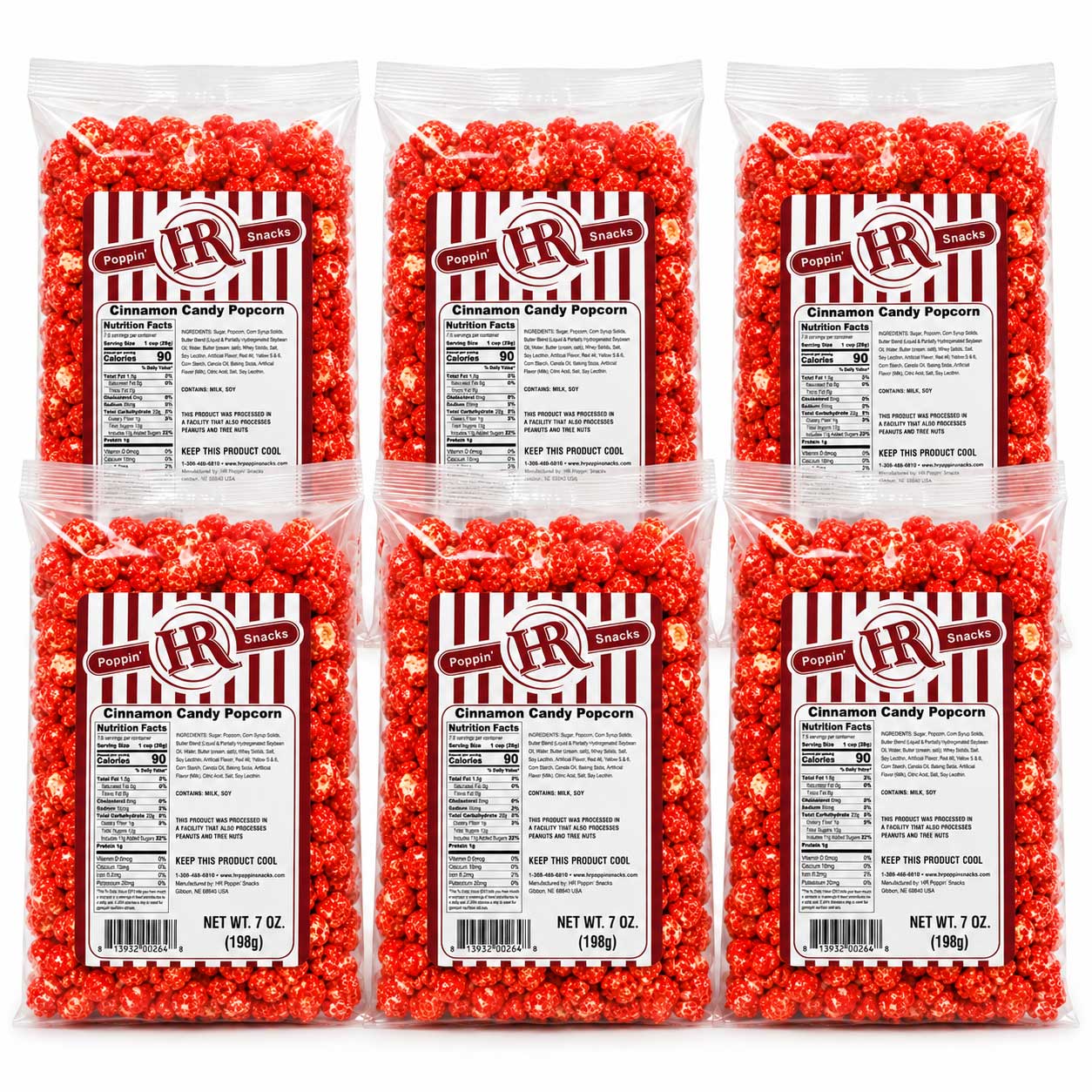 Six clear plastic bags of RR Brand Cinnamon Candy Popcorn arranged in a 2x3 grid on a white background. Each bag contains bright red popcorn coated with cinnamon and sugar, with a white and red striped label showing product details.