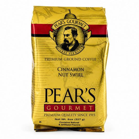Pear's Gourmet Premium Ground Coffee package with cinnamon nut swirl flavor on a white background