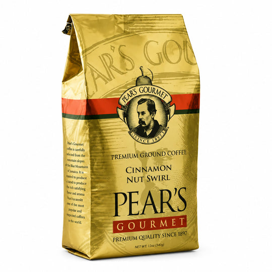 Gold coffee bag with Pear's Gourmet branding on a white background