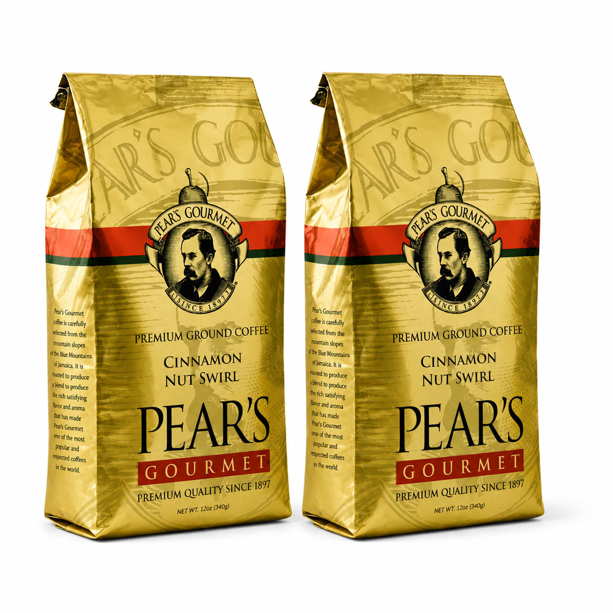 Two bags of Pear's Gourmet Cinnamon Nut Swirl coffee on a white background