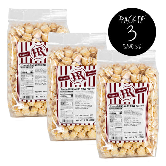 Frosted Cinnamon Roll Popcorn | Pack of 3 | Sweet Cinnamon Coated Popcorn | Small Batches | Made in Gibbon, NE | HR Poppin' Snacks