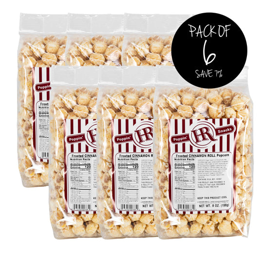 Frosted Cinnamon Roll Popcorn | Pack of 6 | Sweet Cinnamon Coated Popcorn | Small Batches | Made in Gibbon, NE | HR Poppin' Snacks