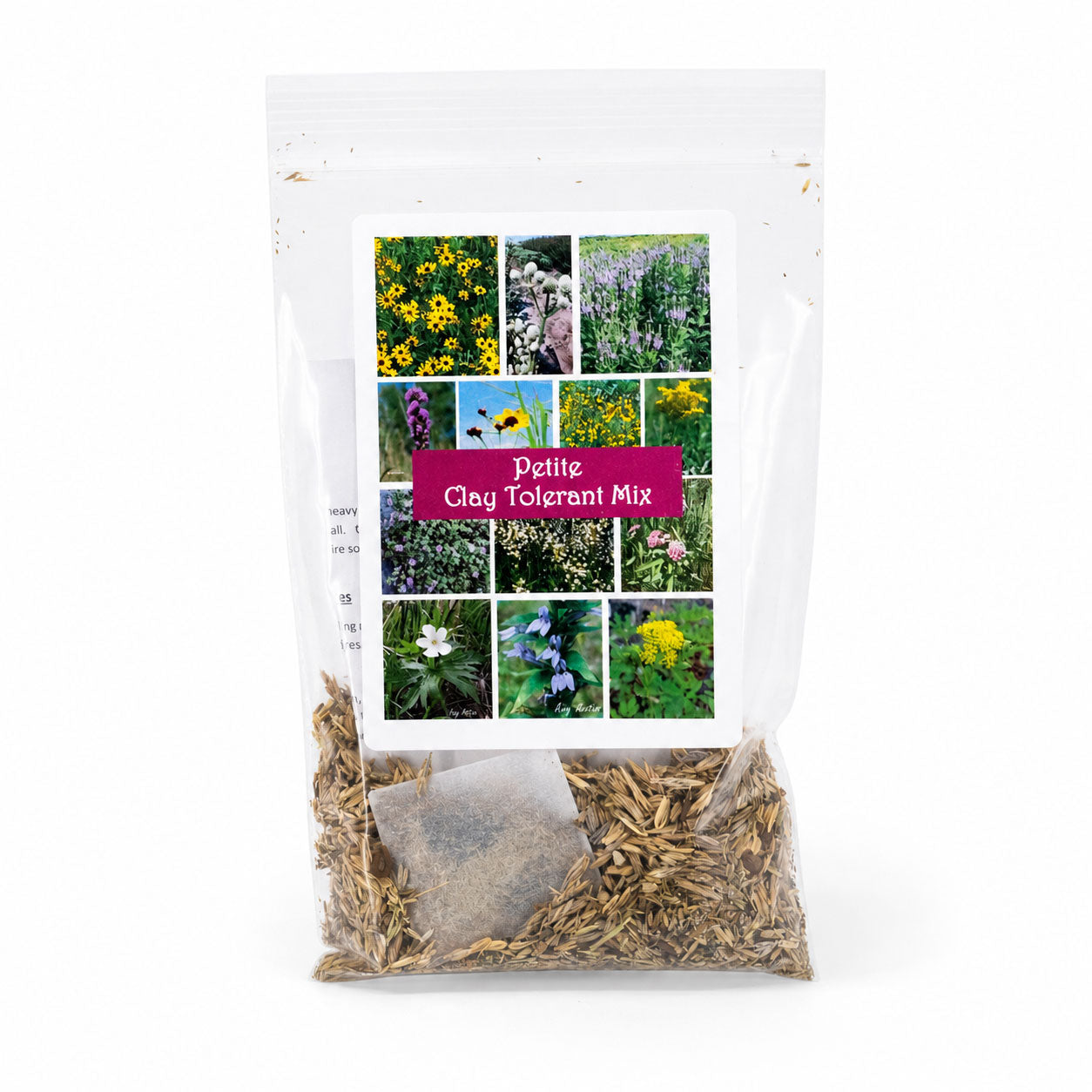 Packaged plant mix with a collage of flowers on the label, on a white background.