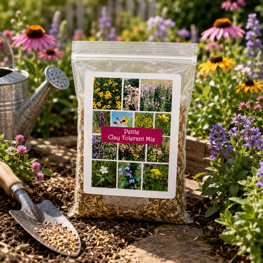 Bag of Petite Clay Tolerant Mix in a garden setting with flowers and gardening tools.