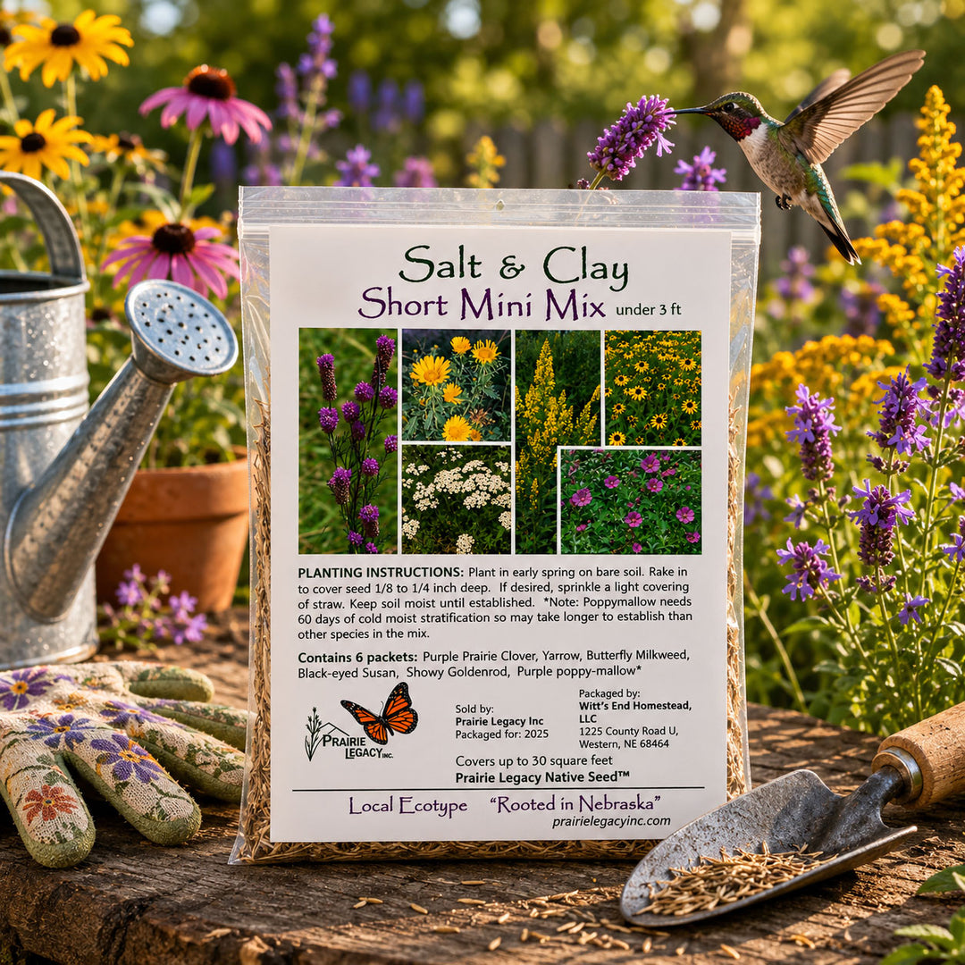 Salt & Clay Short Mini Mix seed packet with gardening tools and flowers in the background