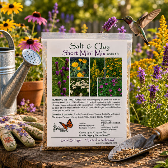 Salt & Clay Short Mini Mix seed packet with gardening tools and flowers in the background