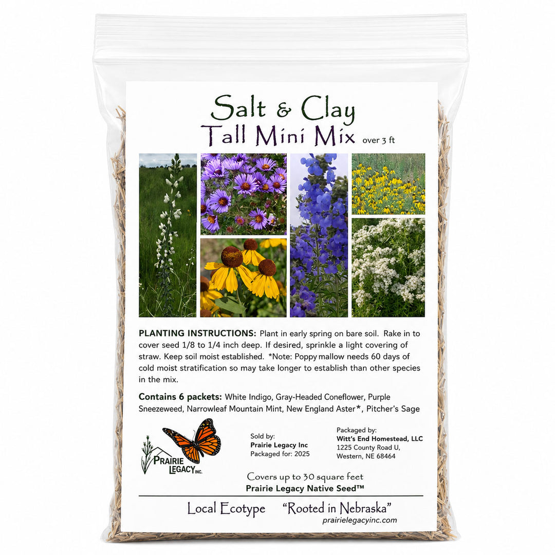 Pouch of Salt & Clay Tall Mini Mix with images of flowers and planting instructions on a white background