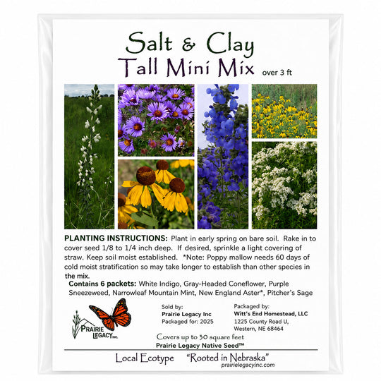 Salt & Clay Tall Mini Mix seed packet with flower images and planting instructions.
