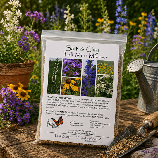 Pouch of Salt & Clay Tall Mini Mix seeds with gardening tools and flowers in the background