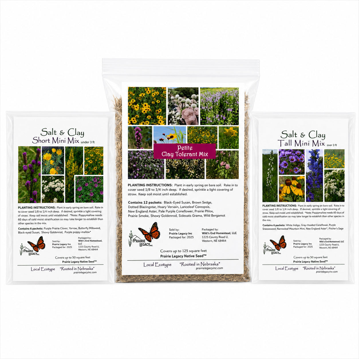 Three seed packets with images of plants and butterflies on a white background