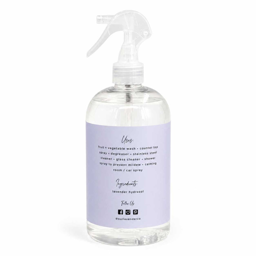 Clear spray bottle with a purple label on a white background