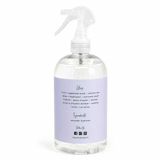 Clear spray bottle with a purple label on a white background