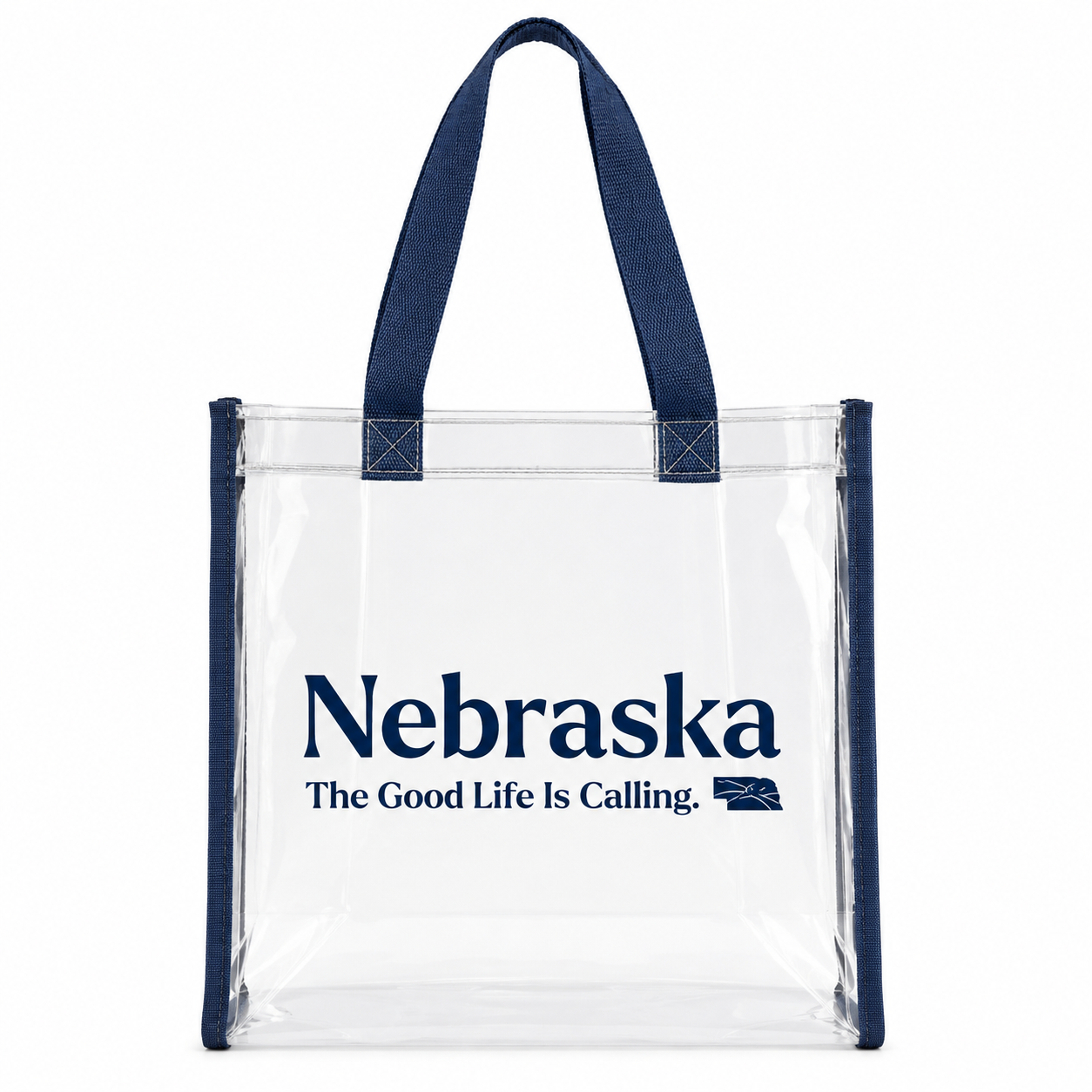 A clear plastic tote bag with navy blue handles and trim, featuring the text 'Nebraska The Good Life Is Calling.' printed in navy blue on the front.