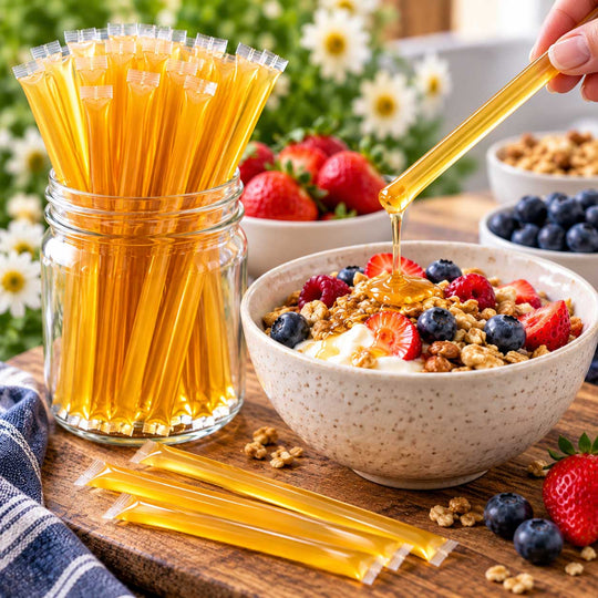 honey stick being used over granola