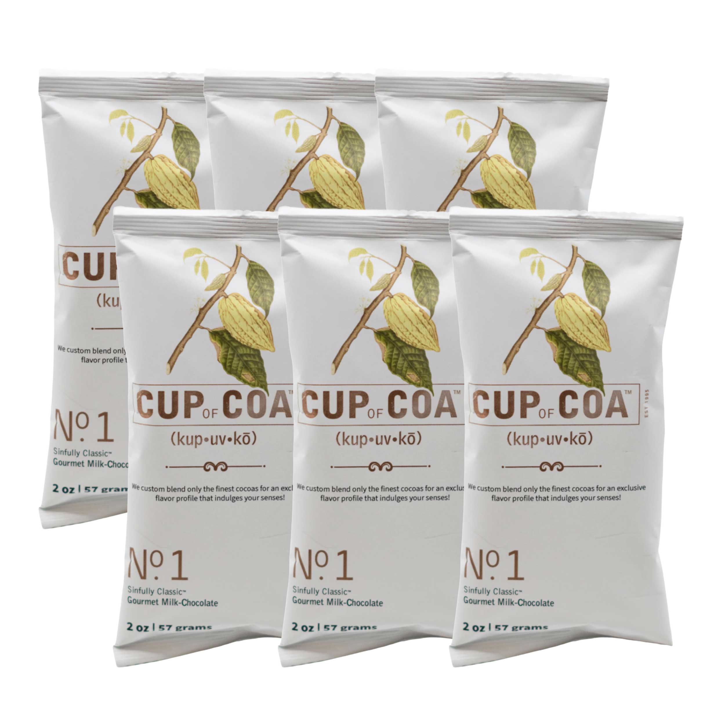 Pack of six 'Cup of Coa' chocolate packets on a white background