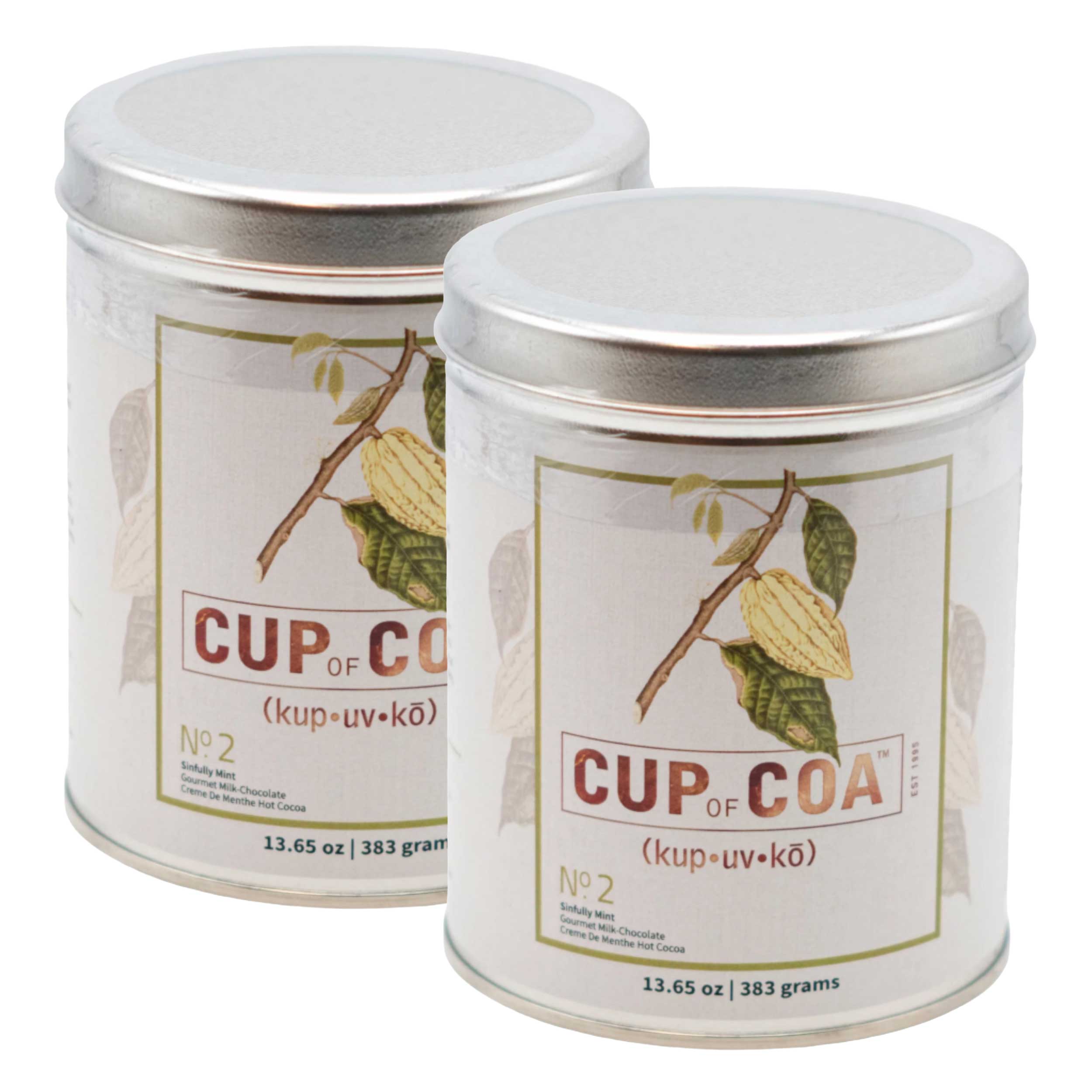 Two 'Cup of Coa' chocolate tins on a white background