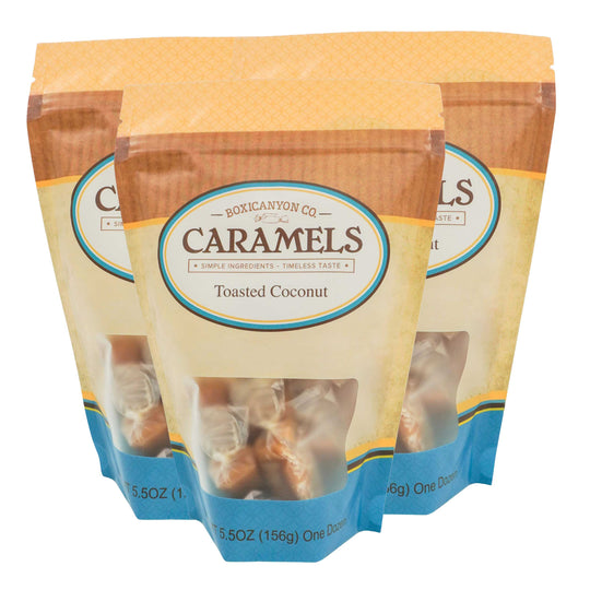 Toasted Coconut Caramels | Pack of 3 | 12 Caramels Each | Boxicanyon Caramels