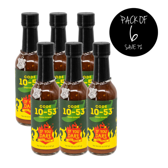 Hot Sauce | Pack of 6 | Code 10-53 | Man Down | 5.5 oz. | Hot Spice Level | Delicious On Wings, Pizza, Hamburgers, Tacos, and Everything Else | Made in Nebraska | Authentic | Made With Real Ingredients