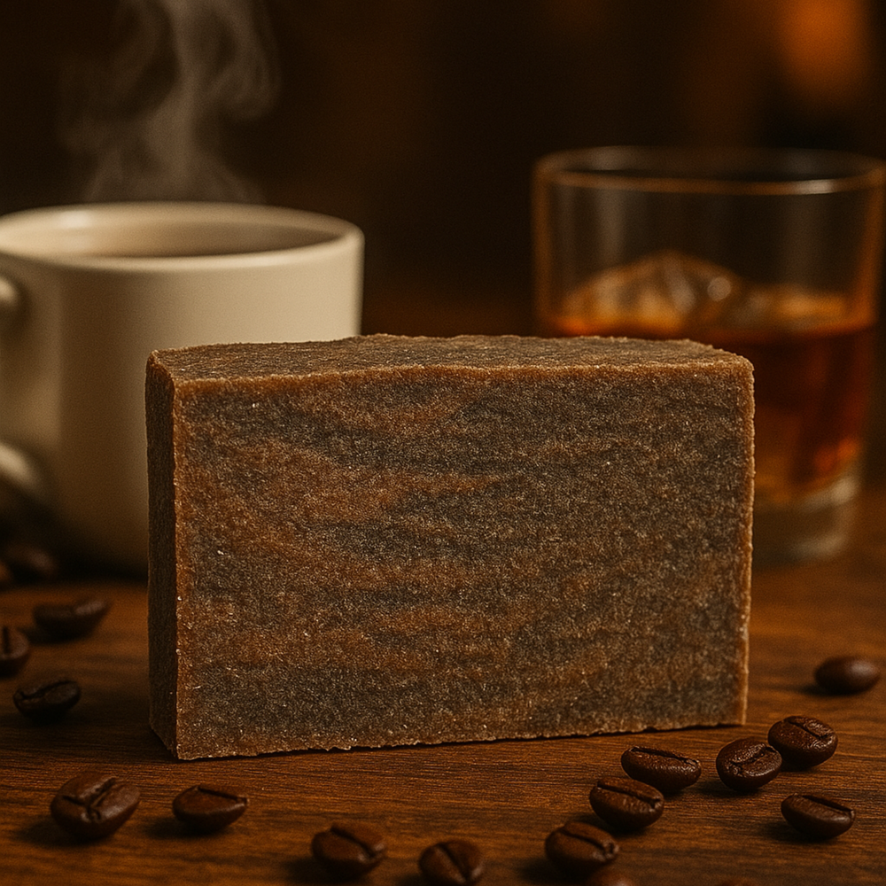 Bar of coffee buzz soap on a wooden surface with coffee beans and a cup in the background